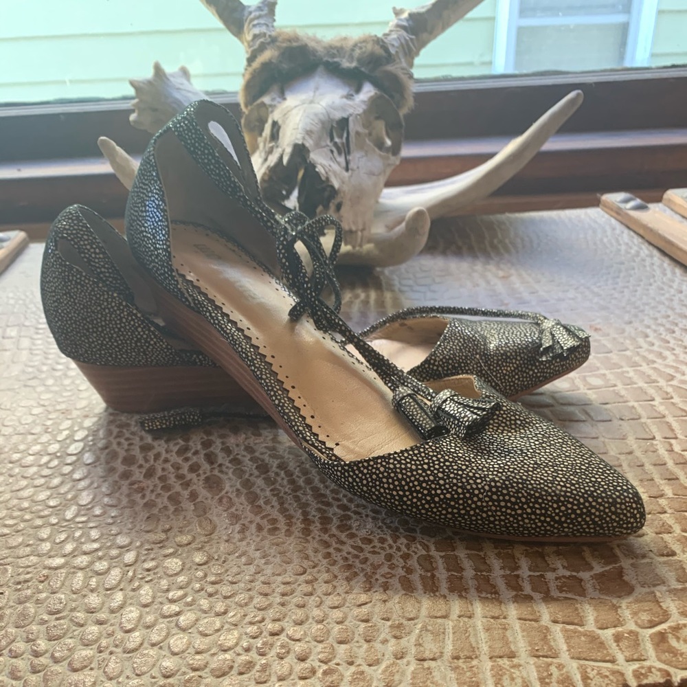 Anthropologie ankle tie d’orsay wedge